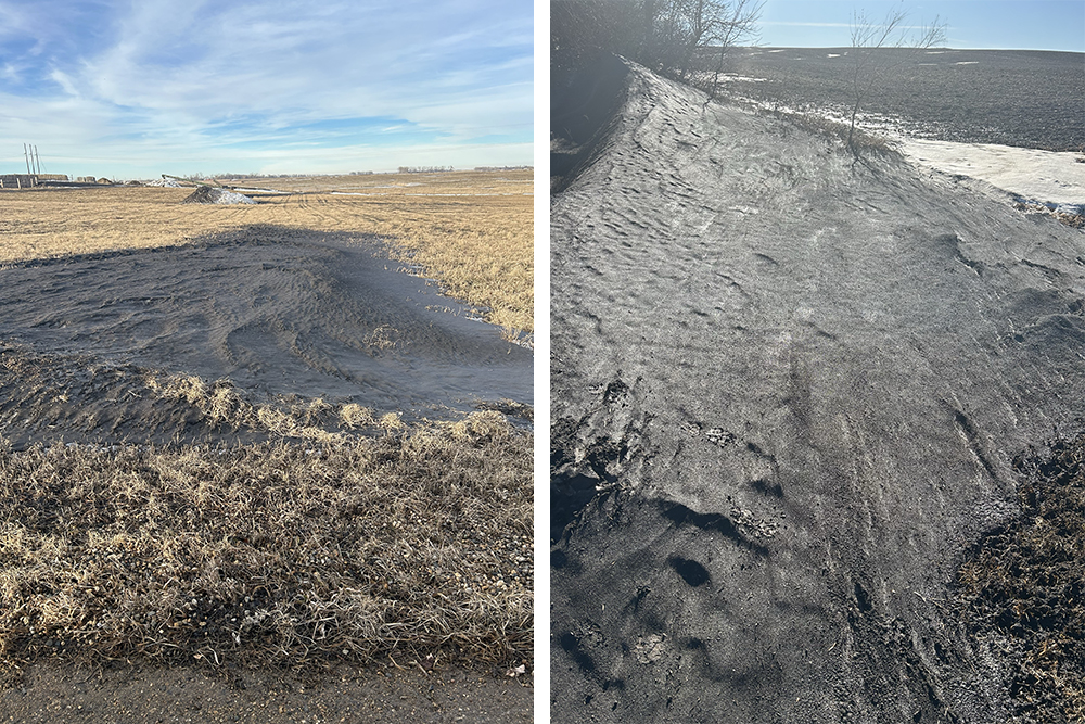 Topsoil mixed with snow in a ditch in Eastern South Dakota
